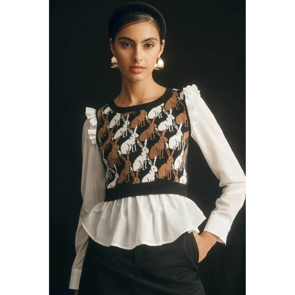 Anthropologie MAEVE Ruffled Twofer Sweater Vest Rabbits Bunny Cottagecore Small